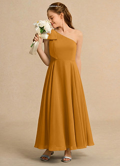 Azazie Guppy Girls Formal Flower Girl Dresses Butterscotch A-Line One Shoulder Chiffon Dress image5