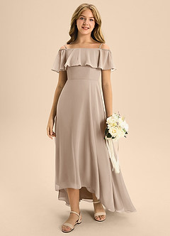 Azazie Maggie Junior Taupe A-Line Off the Shoulder Chiffon Dress image3