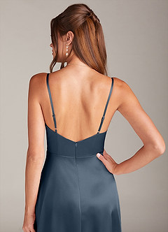 Azazie Sarella Brautjungfernkleider A-Linie mit Taschen Metallischer Satin Kleid Dunkelmarine image5