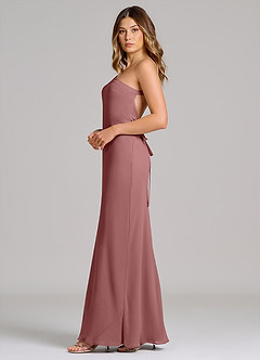 Azazie Monroe Robes de demoiselle d'honneur Robe Fourreau en Mousseline de soie Une épaule Rose Du Désert image5