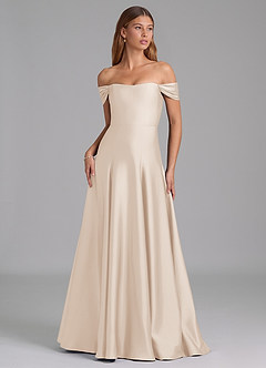 Azazie Seriana 신부 들러리 드레스 A라인 오프 더 숄더 스트레치 새틴 바닥 길이 드레스 image1