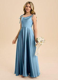 Azazie Popsy Junior Steel Blue A-Line Bow Stretch Satin Dress image7