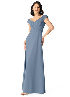 Azazie Evita Jurken voor bruidsmeisjes Jurk van Stretch crêpe met A-Lijn Off the Shoulder Stoffig Blauw image3