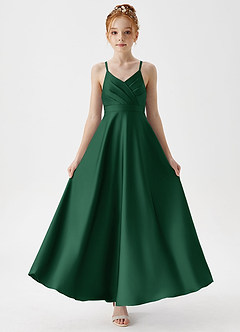 Azazie Avelina Junior Dark Green A-Line Pleated Stretch Satin Dress image5