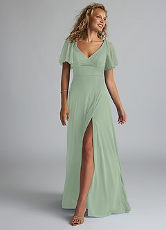 Azazie Induh Bridesmaid Dresses Dusty Sage A-Line Flutter V-neck Mesh Dress image1
