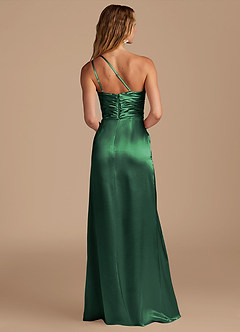 Azazie Eren Bridesmaid Dresses Dark Green Sheath One Shoulder Metallic Satin Dress image5