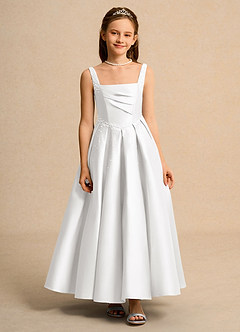 Azazie Mochi Girls Formal Robe Demoiselle D'honneur Fillette Robe Princesse en Mat Satiné Plissée Blanc image1