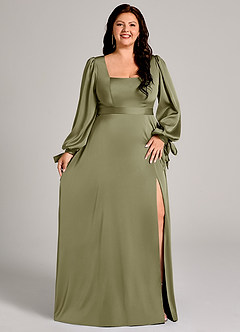 Azazie Leonia Abiti da Damigella Abito A-Line in Raso Elasticizzato Manica Lunga Pistacchio image11