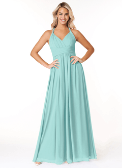 Azazie Ashia Bridesmaid Dresses Aqua A-Line Pleated Chiffon Dress image1