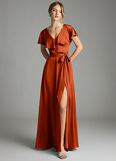 Azazie Lainey Bridesmaid Dresses Paprika A-Line with Pockets Stretch Satin Dress image3