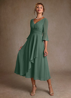 Azazie Aerynne 신부의 어머니 드레스 A라인 주름진 쉬폰 티 길이 드레스 image3