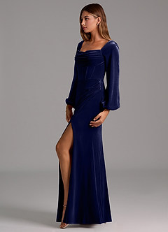 Azazie Charissa Bridesmaid Dresses Dark Navy Sheath Long Sleeve Velvet Dress image4