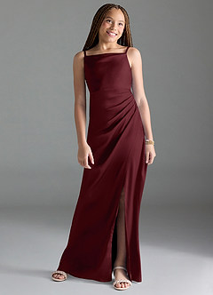 Azazie Leonis Junior Vestido Cabernet de Cetim elástico de Linha A com Plissado image1