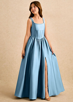 Azazie Enid Girls Formal Jurken voor bloemenmeisjes A-Lijn Jurk van Stretch Satijn Met kralen Staal Blauw image3