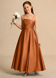 Azazie Pebbles Girls Formal Flower Girl Dresses Copper A-Line Pleated Matte Satin Dress image1