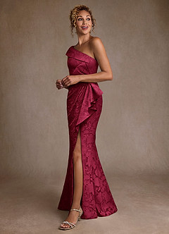 Azazie Hampton Final Sale Burgundy Mermaid One Shoulder Floral Burnout Dress image2