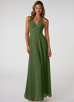 Azazie Tessie Bridesmaid Dresses Olive A-Line V-Neck Pleated Chiffon Dress image1