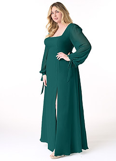 Azazie Leonia Bridesmaid Dresses Peacock A-Line Long Sleeve Chiffon Dress image10