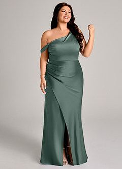 Azazie Madelyn Bridesmaid Dresses Sea Moss Mermaid One Shoulder Stretch Satin Convertible Dress image12