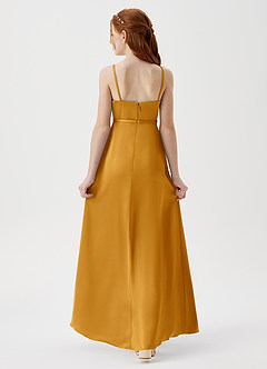 Azazie Kaylee Junior Robe Trapèze en Satin extensible avec ceinture Caramel écossais image2