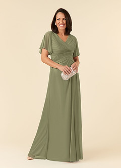Azazie Emmeline Mother of the Bride Dresses Pistachio A-Line V-Neck Pleated Mesh Dress image1