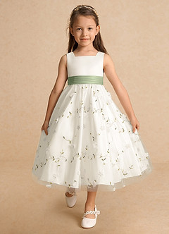 Azazie Pollie Flower Girl Dresses Ivory Dusty Sage A-Line Bow Tulle Dress image9
