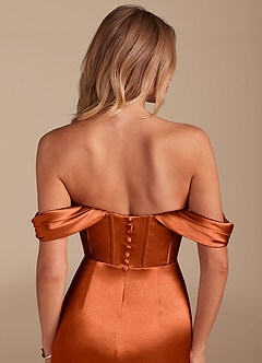 Azazie Asha Bridesmaid Dresses Burnt Orange Sheath Off the Shoulder Metallic Satin Dress image6