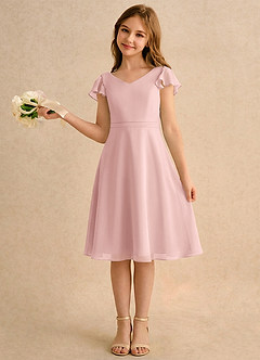 Azazie Narin Girls Formal Robe Demoiselle D'honneur Fillette Robe Trapèze en Mousseline de soie avec manches Rose Poudré image1