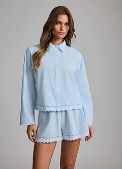 front Conjunto de pijama de camisa de manga larga y pantalón corto de algodón Lyocell con ribete de encaje.