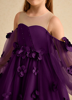 Azazie Karrie Flower Girl Dresses Grape A-Line with Sleeves Tulle Dress image7