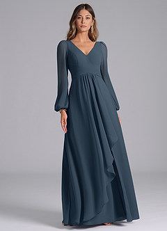 Azazie Liah Robes de demoiselle d'honneur Robe Trapèze en Mousseline de soie Manche longue Neptune image3