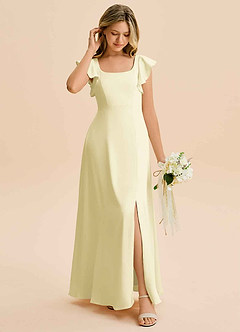 Azazie Bondi Junior Lemon Sorbet A-Line Side Slit Stretch Satin Dress image3