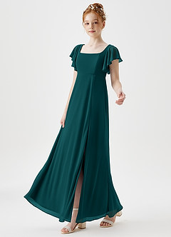 Azazie Bondi Junior Peacock A-Line Side Slit Mesh Dress image6