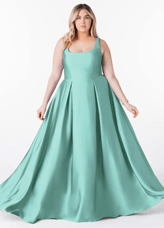 Azazie Neve Bridesmaid Dresses Aqua Ball-Gown with Pockets Stretch Satin Dress image10