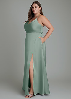 Azazie Sarella Bridesmaid Dresses Silver Sage A-Line Pleated Stretch Satin Dress image12