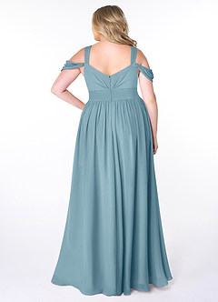 Azazie Lianne Robes de demoiselle d'honneur Robe Trapèze en Mousseline de soie Épaule décolletée Bleu Maussade image8