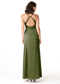 Azazie Geanna Bridesmaid Dresses Olive Sheath V-Neck Pleated Stretch Satin Dress image2