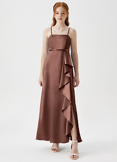 Azazie Kaylee Junior Espresso A-Line with Belt Metallic Satin Dress image5