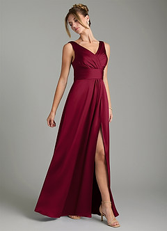 Azazie Karina Bridesmaid Dresses Burgundy A-Line Pleated Stretch Satin Dress image4