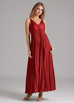 Azazie Raychelle Bridesmaid Dresses Pomegranate A-Line Pleated Stretch Satin Dress image5