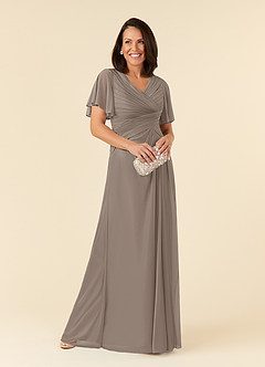 Azazie Emmeline Mère de la mariée Robes Robe Trapèze en Maille Col V plissé Taupe image6