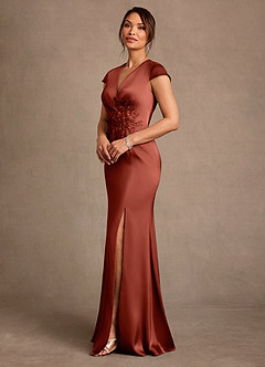 Azazie Rilda 신부의 어머니 드레스 쉬스 레이스 스트레치 새틴 플로어 길이 드레스 image2