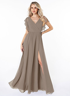 Azazie Zella Bridesmaid Dresses Taupe A-Line Lace Chiffon Dress image1