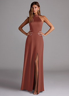 Azazie Myra Robes de demoiselle d'honneur Robe Trapèze en Satin extensible Fente Latérale Auburn image3