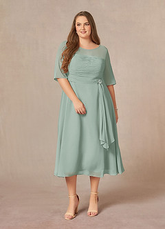Azazie Naomi At-home Try On Dresses Agave A-Line Boatneck Pleated Chiffon Dress image12