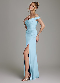 Azazie Teyana Bridesmaid Dresses Sky Blue Sheath Off the Shoulder Stretch Satin Dress image6