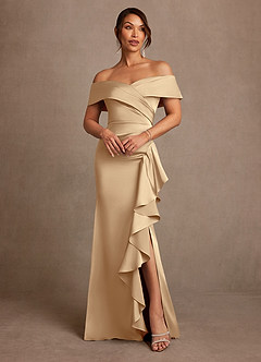 Azazie Kirsty Mother of the Bride Dresses Champagne Sheath Off the Shoulder Stretch Satin Dress image1