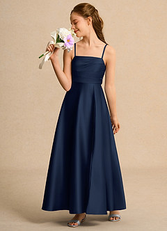 Azazie Pebbles Junior Formal vestidos de niña de las flores Vestido de Azul Marino Oscuro de Satin Mate de Corte En A con Plisado image5