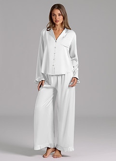 front Ruffled Satin Long Sleeve Pajama Set