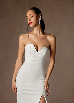 Azazie Mari At-home Try On Dresses Diamond White Mermaid V-Neck Stretch Crepe Dress image7